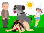  &gt;_&lt; 2girls afunai all_fours animal animal_ears baseball_cap bestiality blush breasts clothed_male_nude_female collar dog flying_sweatdrops grass hat highres human_dog irasutoya leash long_hair multiple_girls nipples nude open_mouth original outdoors pet_play pubic_hair rape sex shorts sun tail tears vaginal zenra 