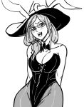  1girl :d animal_ears arms_behind_back bare_shoulders bb_(baalbuddy) bow bowtie breasts bunny_ears bunnysuit cleavage cowboy_shot detached_collar ears_through_headwear greyscale hair_over_shoulder hat highres large_breasts leotard little_witch_academia looking_at_viewer monochrome open_mouth pantyhose simple_background smile solo ursula_charistes white_background wing_collar witch_hat 