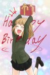  +++ 1girl :d abimaru_gup absurdres arms_up bangs black_legwear black_skirt blonde_hair closed_eyes commentary english_text eyebrows_visible_through_hair fang gift girls_und_panzer green_jacket happy_birthday highres holding holding_gift insignia jacket katyusha_(girls_und_panzer) leg_up long_sleeves miniskirt motion_lines multicolored multicolored_background open_mouth pleated_skirt pravda_school_uniform red_shirt school_uniform shirt short_hair skirt smile socks solo sparkle standing standing_on_one_leg turtleneck twitter_username 