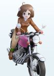  1girl :d absurdres ahoge bad_id bad_twitter_id bakuon!! bangs blue_eyes brown_footwear brown_hair brown_jacket brown_pants commentary cross-laced_footwear daxz240r eyebrows_visible_through_hair gloves green_legwear ground_vehicle hair_ornament highres honda jacket leather leather_jacket logo looking_at_viewer motor_vehicle motorcycle open_mouth pants pink_gloves sakura_hane shirt shoes short_hair simple_background smile socks solo swept_bangs turtleneck white_background white_shirt 