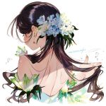  1girl bare_shoulders black_hair blue_flower cropped_torso earrings facing_away fingernails flower from_behind hair_flower hair_ornament hand_in_hair highres jewelry long_fingernails long_hair original petals shoulder_blades signature simple_background solo umishima_senbon upper_body white_background 