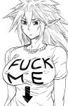  1girl agarest_senki agarest_senki_(series) bb_(baalbuddy) breasts closed_mouth covered_nipples directional_arrow english_text fuck-me_shirt greyscale hair_between_eyes highres large_breasts lavinia_(agarest_senki) long_hair meme_attire monochrome pointy_ears profanity short_sleeves simple_background solo spiked_hair sweatdrop upper_body white_background 