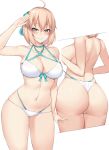  1girl ahoge ass bangs bare_arms bikini blonde_hair blush bow bowtie breasts brown_eyes cleavage closed_mouth collarbone commentary_request eyebrows_visible_through_hair fate/grand_order fate_(series) from_behind hair_bow highres koha-ace kuavera large_breasts lips looking_at_viewer navel okita_souji_(fate) okita_souji_(fate)_(all) salute shiny shiny_hair shiny_skin sideboob simple_background smile solo stomach swimsuit thighs white_background 