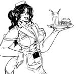  1girl :d apron bb_(baalbuddy) blush breasts cleavage contrapposto cowboy_shot cup drinking_glass drinking_straw fangs food greyscale hamburger hand_up highres holding holding_tray large_breasts looking_at_viewer monochrome name_tag notepad open_mouth orc original ponytail short_sleeves simple_background smile solo tray waitress white_background 