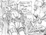  1boy 1girl assault_rifle bb_(baalbuddy) blush bomb breasts coat contrapposto ear_piercing earrings elf english_text explosive grenade greyscale gun hidden_weapon highres hoop_earrings jewelry large_breasts leotard long_hair long_sleeves monochrome open_clothes open_coat orc original orkz parted_lips pauldrons piercing pointy_ears pouch rifle shoulder_spikes smile spikes thighhighs warhammer_40k weapon 