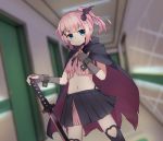  1girl bat_wings capelet chiyoda_momo cloak door fingerless_gloves gloves haemori_ako hair_ornament hairclip hallway halter_top halterneck highres indoors machikado_mazoku navel pink_hair shiny shiny_hair short_hair solo sword weapon wings 