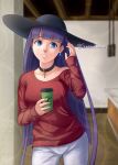  1girl alternate_costume bangs black_choker black_headwear blue_eyes blunt_bangs breasts casual choker coffee coffee_cup collarbone contemporary cross cup disposable_cup earrings english_commentary eyebrows_visible_through_hair fate/grand_order fate_(series) hat highres holding holding_cup indoors jewelry large_breasts long_hair looking_at_viewer off_shoulder pants purple_hair red_shirt saint_martha saint_martha_(swimsuit_ruler)_(fate) shirt single_bare_shoulder solo sun_hat sunbandraws twitter_username very_long_hair white_pants 