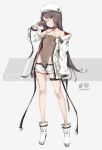  1girl absurdres banned_artist blush boots breasts brown_eyes brown_gloves brown_hair eyebrows_visible_through_hair full_body gloves hat highres ikomochi long_hair looking_at_viewer original parted_lips small_breasts solo very_long_hair white_footwear white_headwear 