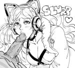  1boy 1girl bb_(baalbuddy) blush breasts cat_ear_headphones choker coat covered_nipples erection fellatio fur_trim greyscale headphones hetero highres large_breasts long_sleeves looking_at_viewer lucky_chloe monochrome open_clothes open_coat oral penis precum ringed_eyes tekken tekken_7 