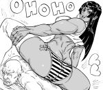  /\/\/\ 1boy 1girl ass bald bare_arms bare_shoulders bb_(baalbuddy) breasts circlet dark_skin earrings fang from_behind greyscale heart highres hime_cut jewelry large_breasts laughing looking_back mole mole_under_eye monochrome muscle muscular_female ojou-sama_pose orc original panties pointy_ears smile smirk smug squatting striped striped_panties tank_top tears thighhighs underwear 