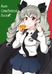  1girl :t anchovy_(girls_und_panzer) anzio_school_uniform bangs belt black_belt black_cape black_neckwear black_ribbon black_skirt cape character_name commentary cowboy_shot dress_shirt drill_hair eating eighth_note emblem eyebrows_visible_through_hair flag_background food food_on_face food_on_finger girls_und_panzer green_hair hair_ribbon happy_birthday highres holding holding_food ikuno_(ramaki4kan) italian_flag italian_text long_hair long_sleeves looking_at_viewer miniskirt musical_note necktie pantyhose pizza pleated_skirt red_eyes ribbon school_uniform shirt skirt solo standing twin_drills twintails white_legwear white_shirt 