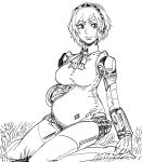  1girl 3 aegis_(persona) android ascot bb_(baalbuddy) blush closed_mouth eyebrows_visible_through_hair grass greyscale hairband hand_on_own_stomach highres looking_at_viewer monochrome number on_grass on_ground persona pregnant short_hair simple_background sitting smile solo thighhighs white_background 