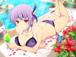  1girl ass ayane_(doa) bangs bare_arms bare_shoulders bikini blush breasts bug butterfly cleavage cocktail day dead_or_alive dead_or_alive_xtreme feet_up flower glint hairband headband highres holding_drink insect large_breasts legs_up looking_at_viewer lying official_art on_stomach outdoors petals pool poolside purple_bikini purple_hair red_eyes red_flower senran_kagura senran_kagura_new_link short_hair solo swimsuit the_pose yaegashi_nan 