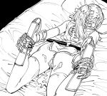  1girl after_sex after_vaginal anus ass bb_(baalbuddy) bdsm black_background bondage bound bound_wrists cum cumdrip greyscale highres legs_up long_hair lying monochrome on_bed on_stomach pillow ponytail pussy ryuuko_no_ken sandals solo the_king_of_fighters toudou_kasumi 