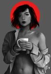  1girl breasts coffee_mug collarbone commentary cup dark_skin english_commentary eye_of_horus facial_tattoo halo highres lips lipstick makeup messy_hair monochrome mug naked_shirt no_bra nose off-shoulder_shirt off_shoulder overwatch pharah_(overwatch) realistic shirt short_hair signature small_breasts solo spot_color tattoo thick_eyebrows upper_body ysoria 
