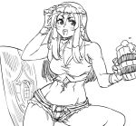  1girl :d bare_shoulders bb_(baalbuddy) beer_mug blush braid breasts cleavage crop_top gloves greyscale hand_up highres holding long_hair looking_at_viewer medium_breasts monochrome navel open_mouth racoona_sheldon sekaiju_no_meikyuu shield shin_sekaiju_no_meikyuu short_shorts shorts simple_background smile solo tankard white_background 