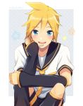  1boy bass_clef black_collar black_sleeves blonde_hair blue_eyes collar commentary detached_sleeves hand_on_own_cheek hand_on_own_knee kagamine_len knees_up leg_warmers light_blush looking_at_viewer male_focus necktie nokuhashi sailor_collar school_uniform shirt short_shorts short_sleeves shorts sitting smile spiked_hair star vocaloid white_shirt yellow_neckwear 