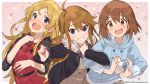  3girls ahoge black_jacket blonde_hair blue_eyes blue_jacket blush box brown_eyes brown_hair flustered fur-trimmed_jacket fur_trim gift grin hagiwara_yukiho heart-shaped_box hood hooded_jacket idolmaster idolmaster_million_live! idolmaster_million_live!_theater_days jacket long_hair multiple_girls nail_polish official_art open_mouth red_nails shinomiya_karen smile sparkle_background sweatdrop tokoro_megumi valentine white_day 