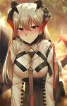  1girl all_fours arknights bangs blurry blurry_background blush breasts commentary dragon_horns earrings english_commentary eyebrows_visible_through_hair ginhaha grey_hair hair_between_eyes highres horns jewelry large_breasts long_hair looking_at_viewer orange_eyes saria_(arknights) solo tail 