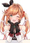  1girl alternate_hairstyle aoi_(kirabosi105) bare_shoulders black_gloves clarisse_(granblue_fantasy) collarbone gloves granblue_fantasy green_eyes hair_ribbon highres looking_at_viewer one_eye_closed orange_hair ribbon solo twintails 