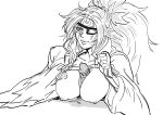  1boy 1girl baiken bb_(baalbuddy) breasts closed_mouth eyepatch facial_mark forehead_mark greyscale guilty_gear guilty_gear_xrd highres large_breasts long_hair long_sleeves monochrome nipples one_eye_covered paizuri penis ponytail precum simple_background smile smug solo_focus tassel uncensored white_background wide_sleeves 