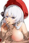  1girl absurdres artist_name azur_lane bangs bare_shoulders belfast_(azur_lane) belfast_(shopping_with_the_head_maid)_(azur_lane) beret black_bow bow breasts brown_sweater collar collarbone commentary_request earrings eyebrows_visible_through_hair food food_in_mouth hair_bow hand_on_own_cheek hat highres hoop_earrings jewelry large_breasts long_sleeves mouth_hold nail_polish nike1060 nipple_slip nipples off-shoulder_sweater off_shoulder parted_lips pink_lips pocky red_headwear red_nails ribbed_sweater silver_hair simple_background solo striped striped_bow sweater swept_bangs upper_body white_background 