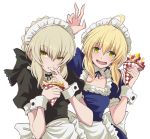  2girls :0 antenna_hair apron artoria_pendragon_(all) bangs black_bow blush bow breasts collarbone crepe detached_collar eyebrows_visible_through_hair fate/grand_order fate/stay_night fate_(series) finger_licking food frill_trim fruit fujitaka_nasu grey_hair hair_between_eyes hair_bow headdress licking maid maid_apron maid_headdress multiple_girls saber saber_alter short_sleeves sidelocks simple_background small_breasts smile strawberry v white_background wrist_cuffs yellow_eyes 