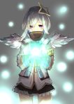  1girl absurdres amane_kanata angel_wings armband cero421 commentary_request cowboy_shot energy glowing grey_background halo highres hololive looking_down purple_eyes short_hair silhouette solo virtual_youtuber wings 