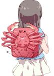  1girl backpack bag black_hair blue_shirt commentary_request crab facing_away hands_up holding_strap long_hair original pleated_skirt randoseru shirt short_sleeves simple_background skirt solo utsubo_(utb) white_background white_skirt 