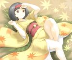  1girl black_hair brown_eyes closed_mouth erika_(pokemon) gym_leader hairband headband japanese_clothes kimono kous_(onetwojustice) looking_at_viewer pokemon pokemon_(game) pokemon_rgby short_hair smile solo 