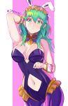  1girl animal_ears arm_up breasts bunny_ears byleth_(fire_emblem) byleth_(fire_emblem)_(female) cleavage closed_mouth detached_collar fake_animal_ears fire_emblem fire_emblem:_three_houses green_eyes green_hair highres large_breasts navel navel_cutout simple_background solo spiffydc tiara twitter_username wrist_cuffs 