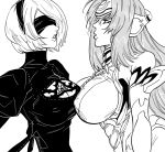  2girls bb_(baalbuddy) blindfold bodysuit breast_contest breast_press breasts cleavage cleavage_cutout crossover dress from_side greyscale hairband headband headphones highres juliet_sleeves kos-mos large_breasts long_hair long_sleeves medium_breasts monochrome multiple_girls nier_(series) nier_automata parted_lips puffy_sleeves short_hair simple_background symmetrical_docking upper_body white_background xenosaga yorha_no._2_type_b 