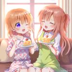  2girls ^_^ ^o^ apron artist_name blush breasts brown_hair cake closed_eyes collarbone collared_shirt couch eyebrows_visible_through_hair food fork gochuumon_wa_usagi_desu_ka? green_apron hair_ornament hairclip holding holding_fork holding_plate hoto_cocoa hoto_mocha long_hair medium_breasts mozukun43 multiple_girls one_eye_closed open_mouth plate purple_eyes red_hair shirt short_hair short_sleeves sitting slice_of_cake small_breasts smile twitter_username white_shirt window 