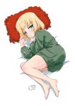  1girl artist_name bangs barefoot bed_sheet blonde_hair blue_eyes blush bob_(you-u-kai) closed_mouth commentary fetal_position frown girls_und_panzer green_jumpsuit katyusha_(girls_und_panzer) looking_at_viewer lying on_bed on_side pillow pravda_military_uniform short_hair short_jumpsuit signature sleepy solo 