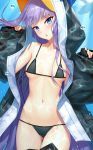  1girl animal_hood bangs bare_shoulders bikini black_bikini black_jacket blue_bow blue_eyes blush bow breasts collarbone dakimakura fate/grand_order fate_(series) hood hood_up jacket long_hair looking_at_viewer meltryllis meltryllis_(swimsuit_lancer)_(fate) navel open_clothes open_jacket open_mouth penguin_hood purple_hair shadowgrave sleeves_past_wrists small_breasts swimsuit thighs tongue underwater very_long_hair 