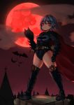  1girl :&lt; absurdres armored_leotard bat batman batman_(cosplay) batman_(series) belt black_gloves black_leotard blue_hair breasts cape clenched_hand cloud cloudy_sky cosplay gloves greaves grey_legwear highres knee_pads kourou_(kouroukun) leotard looking_at_viewer mask mask_removed moon night over-kneehighs pointy_ears red_eyes red_moon remilia_scarlet rooftop scarlet_devil_mansion short_hair sky small_breasts solo spikes standing superhero thighhighs thighs touhou trait_connection 