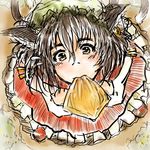  aburaage chen daro face food foreshortening from_above mouth_hold sketch solo touhou 