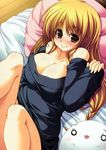  bare_shoulders blonde_hair blush breasts cleavage copyright_request dress highres large_breasts long_hair sawano_akira solo sweater sweater_dress 