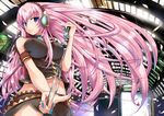  bare_shoulders blue_eyes breasts female headphones highres impossible_clothes impossible_shirt indoors large_breasts long_hair megurine_luka microphone microphone_stand midriff nail_polish navel pink_hair shirt skirt solo very_long_hair vocaloid wallpaper yuki_mizore 