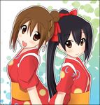  back-to-back black_hair brown_eyes brown_hair hair_bun hirasawa_yui japanese_clothes k-on! kimono long_hair multiple_girls nakano_azusa ponytail short_hair sk_(buta) tasuki yuiazu_(unit) yukata 