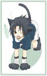  all_fours animal_ears black_eyes black_hair cat cat_ears cat_tail catboy full_body kitty kubyou_azami male_focus naruto neko one_eye_closed open_mouth solo tail uchiha_sasuke white_background wink yawn yawning 