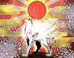  animal cherry_blossoms egasumi japan no_humans ookami_(game) ookamiden petals red_sun rising_sun satsuki_yuu_(awairo) sunburst wolf 