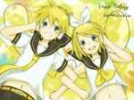  1girl aqua_eyes blonde_hair blush brother_and_sister grin hair_ornament hair_ribbon hairclip hand_on_ear headphones kadokoa kagamine_len kagamine_rin locked_arms looking_at_viewer navel necktie open_mouth ribbon siblings smile twins vocaloid yellow_neckwear 