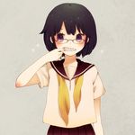  bad_id bad_pixiv_id black_hair braces glasses mizutamako mouth_pull original parted_lips purple_eyes red-framed_eyewear school_uniform serafuku short_hair solo sparkle 