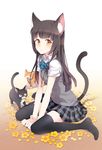  animal_ears bad_id bad_pixiv_id bell black_hair black_legwear cat cat_ears cat_tail flower frown long_hair nardack original plaid plaid_skirt sitting skirt solo tail thighhighs v_arms wariza yellow_eyes 