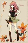  bad_id bad_pixiv_id bare_shoulders fingerless_gloves fire_emblem fire_emblem:_seima_no_kouseki flower gloves hekino_(aoruri) marica_(fire_emblem) pink_hair ponytail red_eyes solo sword weapon 