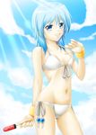  ayato bad_id bad_pixiv_id bikini blue_eyes blue_hair food grin lyrical_nanoha mahou_shoujo_lyrical_nanoha_strikers numbers_(nanoha) popsicle sein_(nanoha) short_hair smile solo swimsuit watermelon_bar 