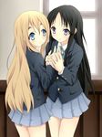  akiyama_mio bad_id bad_pixiv_id black_hair blonde_hair blue_eyes holding_hands k-on! kotobuki_tsumugi long_hair multiple_girls purple_eyes school_uniform tenzaru 