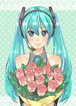  aqua_eyes aqua_hair bouquet flower hatsune_miku headphones long_hair rose smile solo tin_lamp very_long_hair vocaloid 