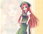  blue_eyes braid china_dress chinese_clothes dress fang hat hong_meiling kurosu_rino long_hair red_hair solo touhou twin_braids zoom_layer 